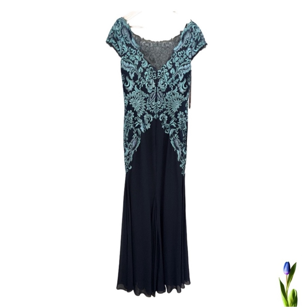 Cameron Blake Gown Dress Blue Navy / Turquoise Embroidered for Wedding Guest 8 - Picture 3 of 10